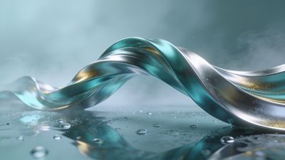 A flowing metallic ribbon with teal and silver hues twists elegantly across a misty background, adorned with shimmering water droplets, creating a serene and sophisticated atmosphere.