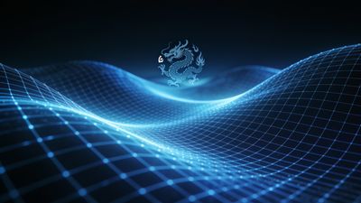 A digital wallpaper featuring glowing blue waves with a grid pattern, creating a futuristic atmosphere, and a stylized dragon symbol hovering above, evoking a sense of mysticism and technology.