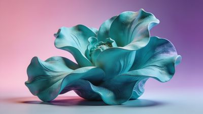 A delicate blue flower with intricately detailed petals is set against a soft gradient background transitioning from pink to purple, creating a serene and elegant atmosphere.