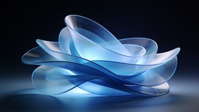 An elegant abstract sculpture made of translucent blue glass curves gracefully against a dark background, creating a serene and sophisticated atmosphere.