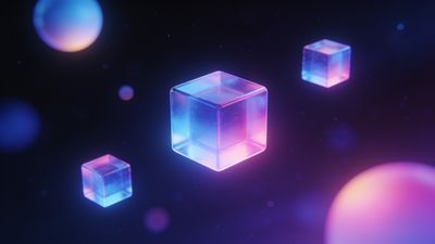 Vibrant neon cubes float in a cosmic space setting, glowing with shades of blue and pink against a dark, starry background, creating a futuristic and ethereal mood.