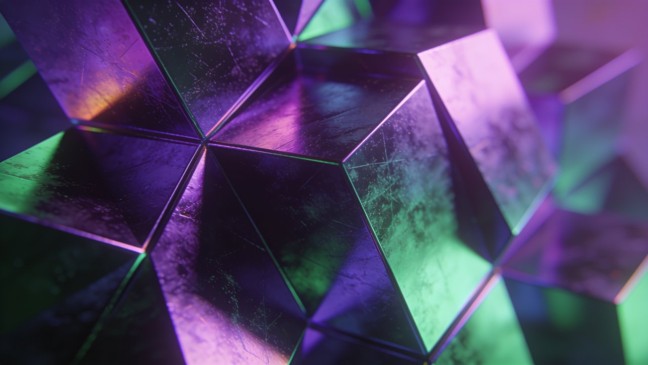 A close-up view of a geometric prism pattern featuring vibrant purple and green hues, creating a dynamic and modern abstract art piece with a glossy, textured surface that reflects light, evoking a futuristic and energetic mood.