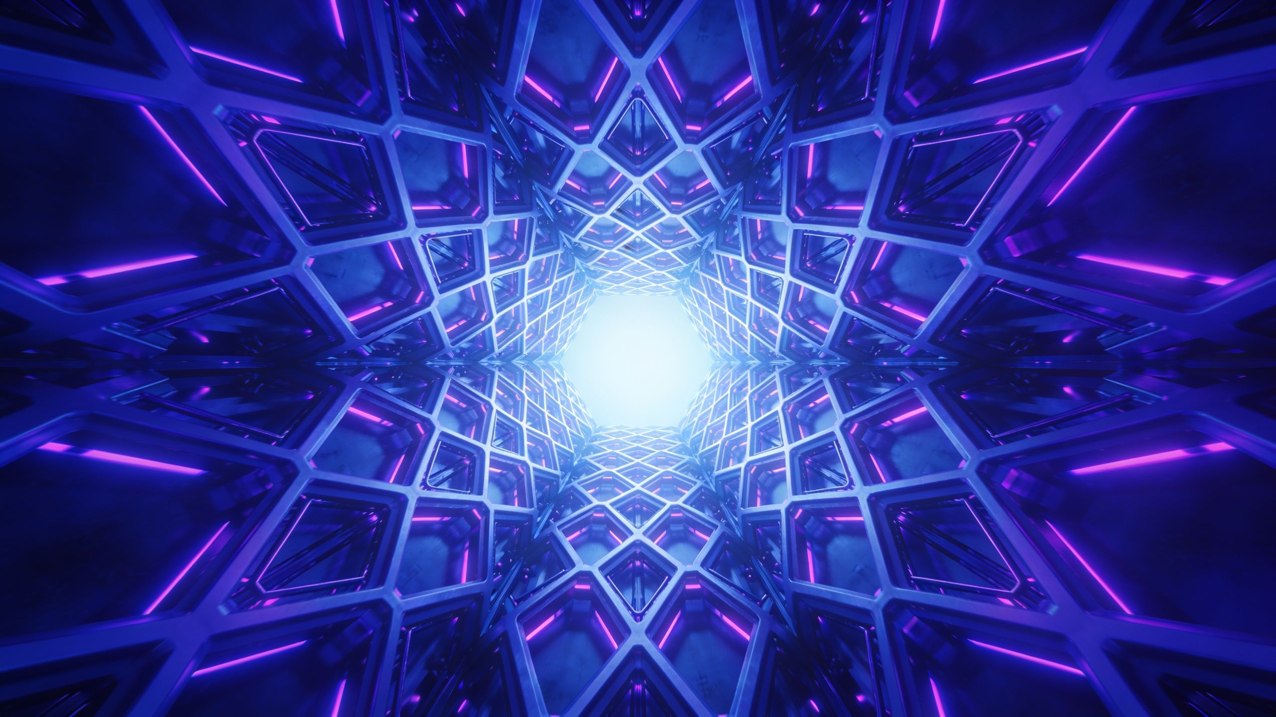 A futuristic tunnel with glowing neon lights and intricate geometric patterns creates a vibrant and immersive atmosphere, featuring shades of blue and purple that evoke a sense of depth and motion.