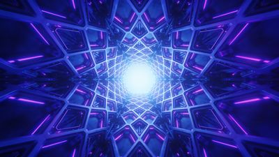 A futuristic tunnel with glowing neon lights and intricate geometric patterns creates a vibrant and immersive atmosphere, featuring shades of blue and purple that evoke a sense of depth and motion.