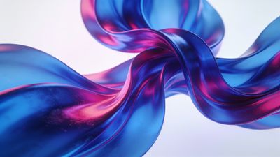 Abstract waves in vibrant blue and pink hues intertwine fluidly against a soft gradient background, creating a dynamic and energetic mood.