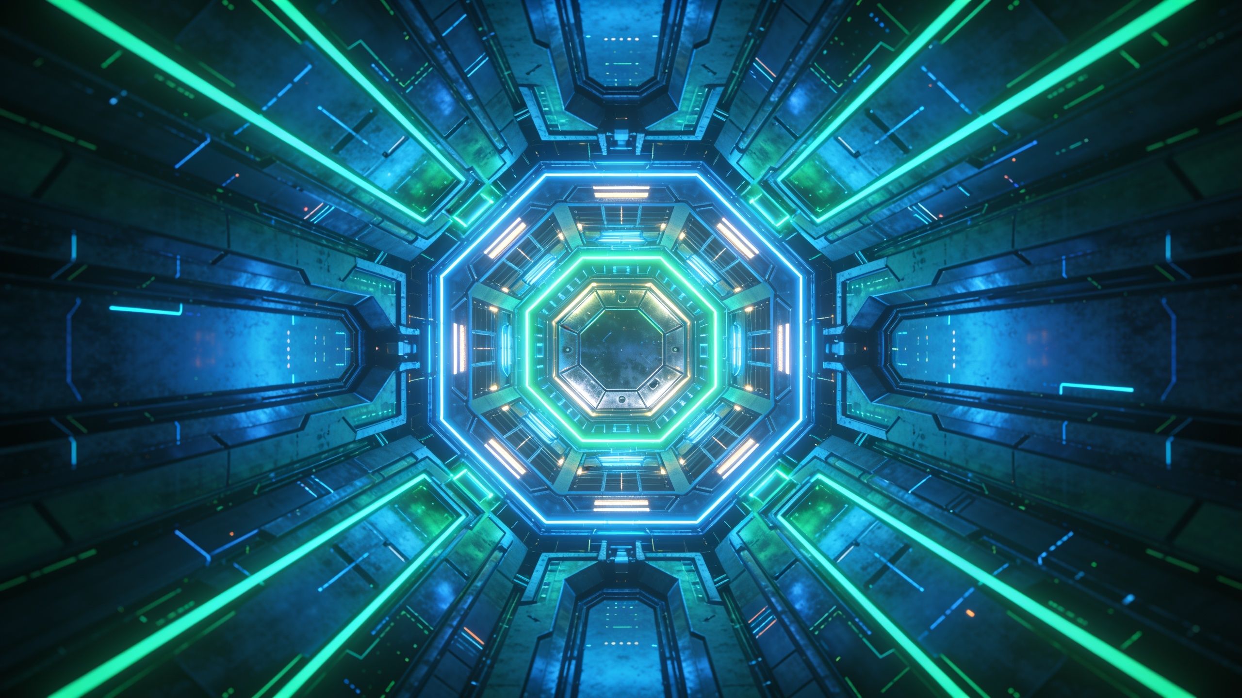 A vibrant, futuristic tunnel with glowing neon lights in blue and green forms intricate geometric patterns, creating a dynamic and immersive sci-fi atmosphere.
