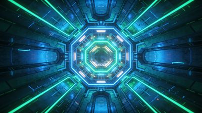 A vibrant, futuristic tunnel with glowing neon lights in blue and green forms intricate geometric patterns, creating a dynamic and immersive sci-fi atmosphere.