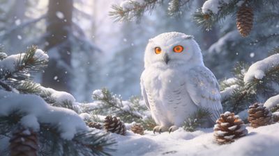 A majestic snowy owl with striking orange eyes sits amidst snow-covered pine branches and cones, creating a serene and enchanting winter wonderland scene.