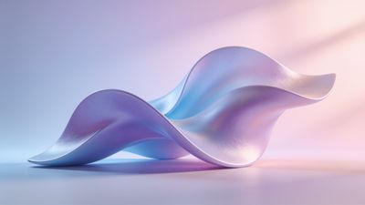 An abstract composition of smooth, flowing waves in soft pastel hues of purple, blue, and pink, set against a gentle gradient background, creating a serene and calming mood.