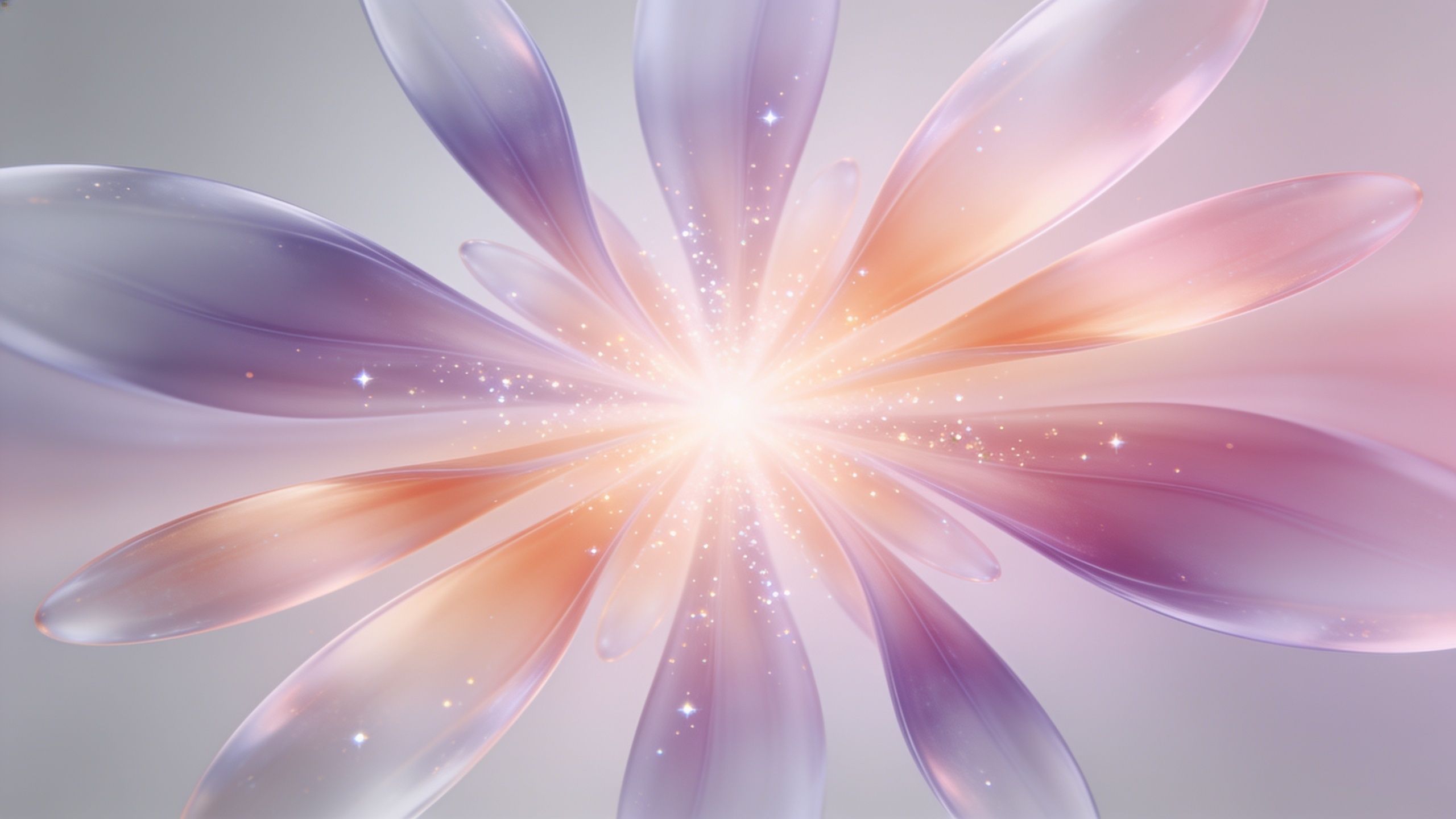 A radiant burst of translucent petals in soft pastel hues of purple, pink, and peach emanates from the center, creating a dreamy and ethereal atmosphere with sparkling light accents.