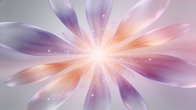 A radiant burst of translucent petals in soft pastel hues of purple, pink, and peach emanates from the center, creating a dreamy and ethereal atmosphere with sparkling light accents.