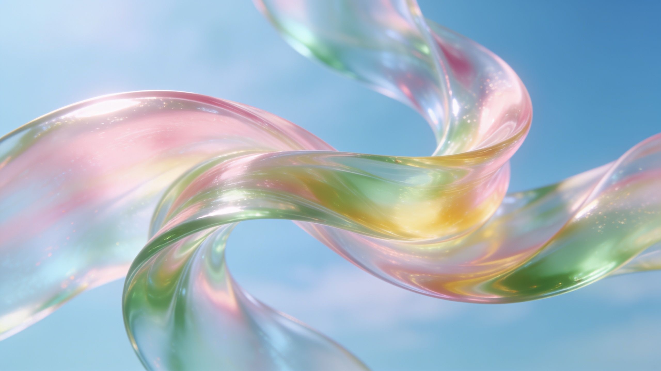 A vibrant, iridescent ribbon swirls gracefully against a clear blue sky, creating a whimsical and uplifting atmosphere with its shimmering pastel hues.