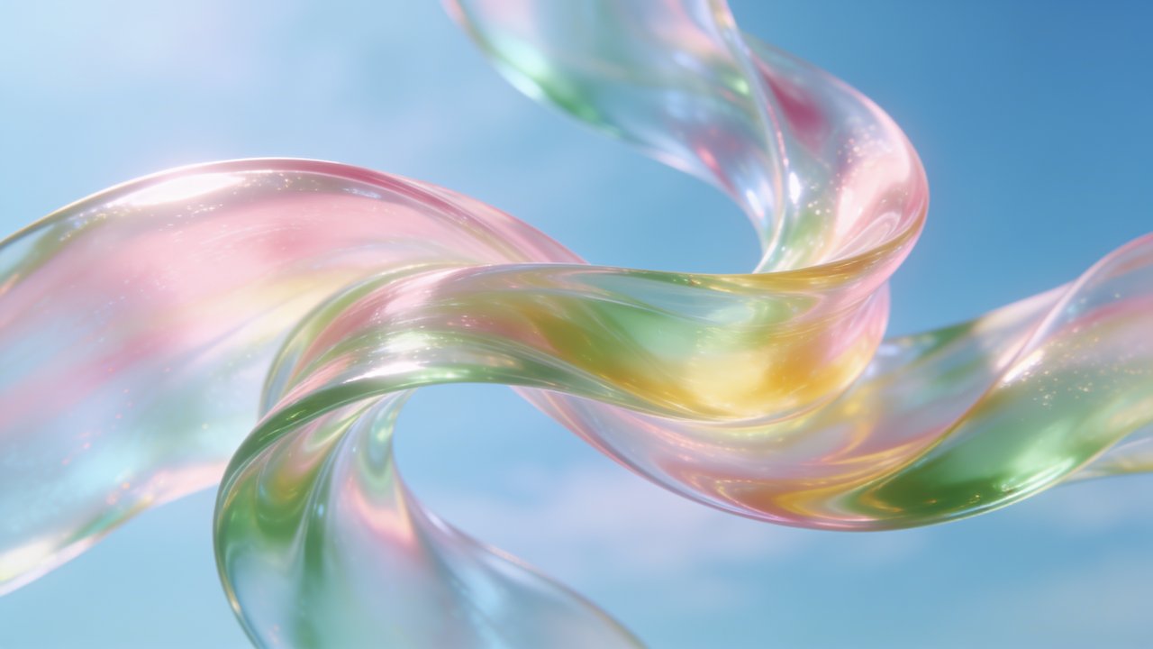 A vibrant, iridescent ribbon swirls gracefully against a clear blue sky, creating a whimsical and uplifting atmosphere with its shimmering pastel hues.