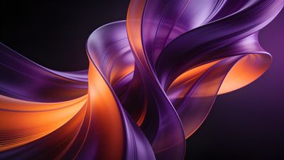 A dynamic composition of flowing abstract waves in vibrant purple and orange hues creates a sense of movement and energy against a dark background, evoking a mood of creativity and modernity.