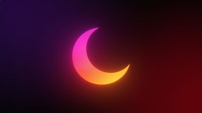 A vibrant neon crescent moon glows in shades of pink and orange against a dark, gradient background, creating a serene and mystical atmosphere.