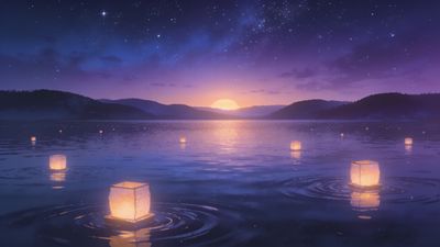 Floating lanterns gently illuminate a tranquil lake under a starry night sky, with a warm sunset casting a serene glow over distant hills.