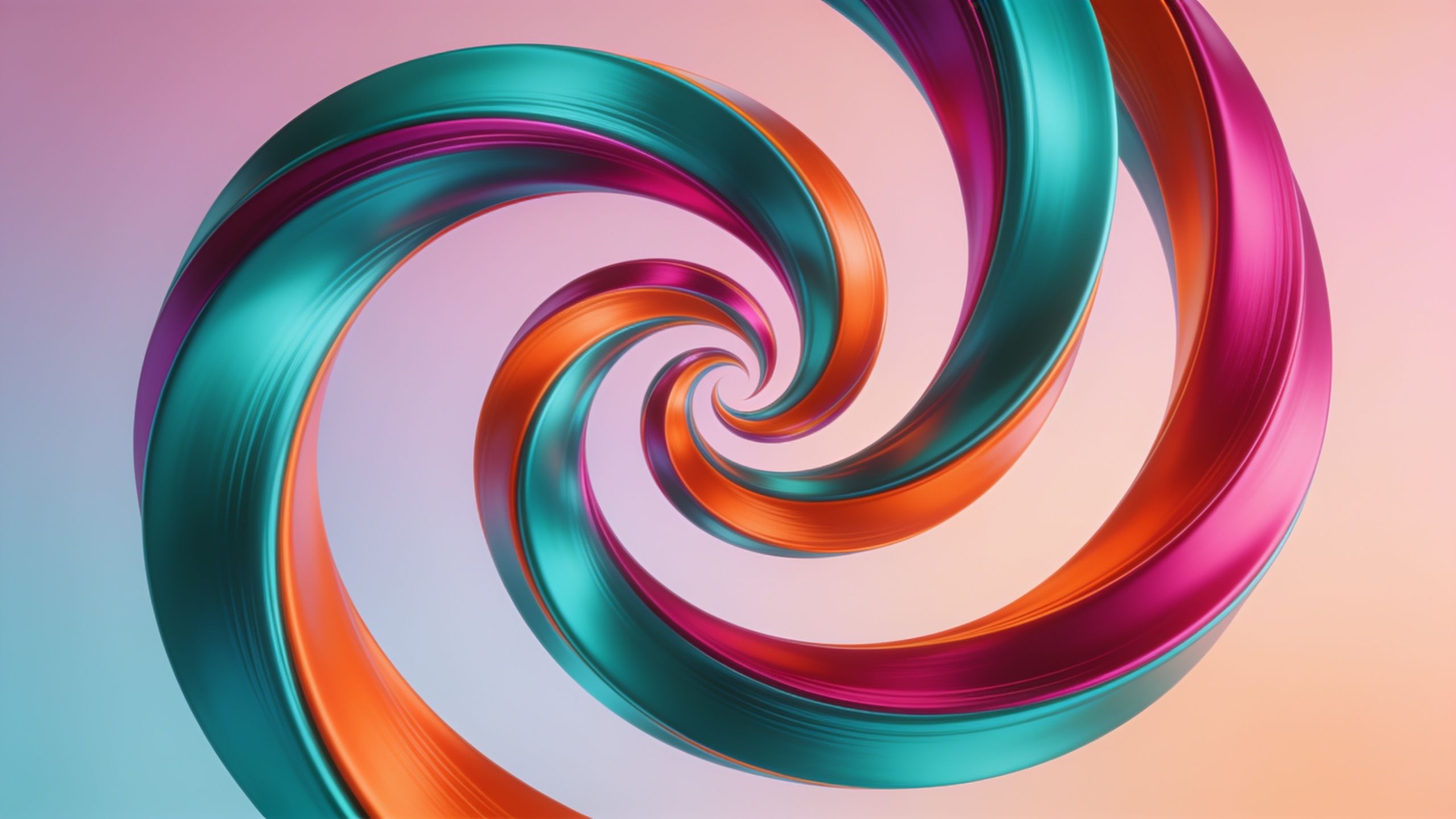 A dynamic abstract design featuring swirling ribbons of vibrant teal, orange, and magenta against a soft gradient background, creating a lively and energetic mood.