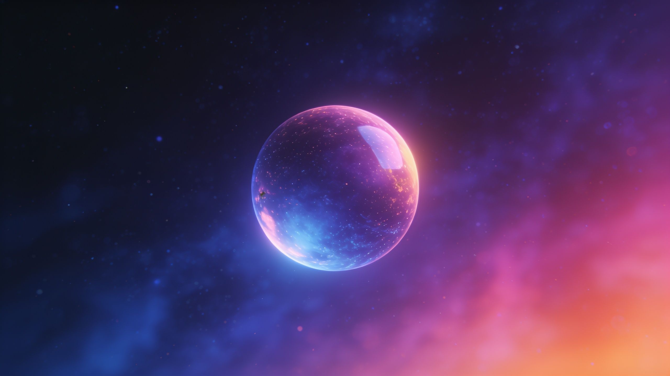 A luminous cosmic orb floats serenely within a vibrant nebula, surrounded by swirling hues of blue, purple, and pink, creating a mystical and ethereal atmosphere.