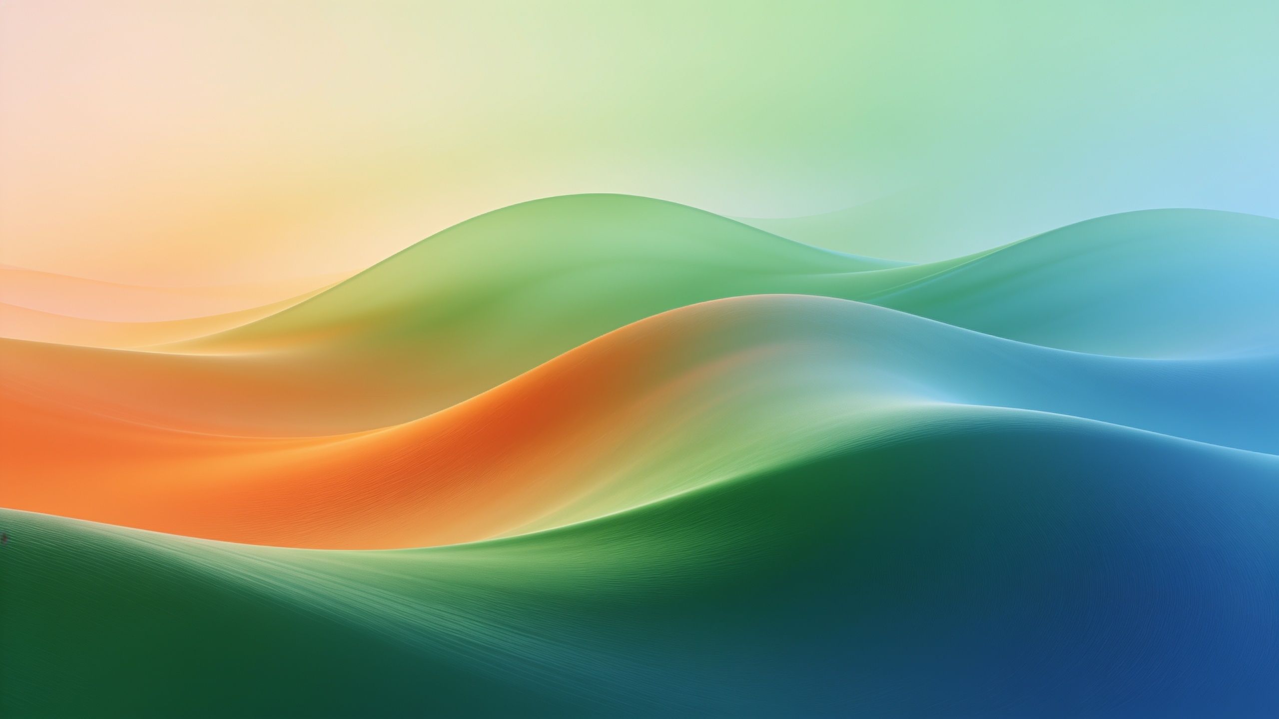 A vibrant abstract wallpaper featuring smooth, flowing waves in a harmonious gradient of green, orange, and blue hues, creating a serene and dynamic visual effect. The soft blending of colors evokes a sense of calm and fluidity.