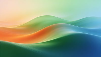A vibrant abstract wallpaper featuring smooth, flowing waves in a harmonious gradient of green, orange, and blue hues, creating a serene and dynamic visual effect. The soft blending of colors evokes a sense of calm and fluidity.