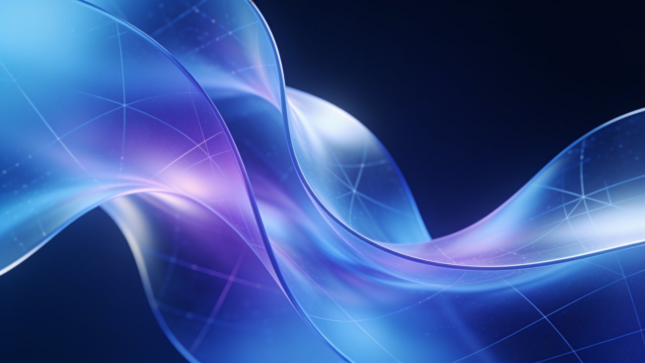 A digital artwork featuring smooth, flowing waves in shades of blue and purple, creating a serene and dynamic visual effect with a sense of depth and gentle movement. The overlapping translucent layers and subtle grid lines add a futuristic and calming mood.