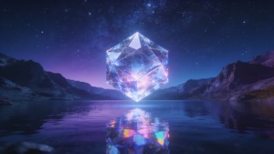 A luminous, multifaceted crystal hovers above a serene lake under a starry night sky, with distant mountains silhouetted against a deep purple horizon, creating a mystical and tranquil atmosphere.