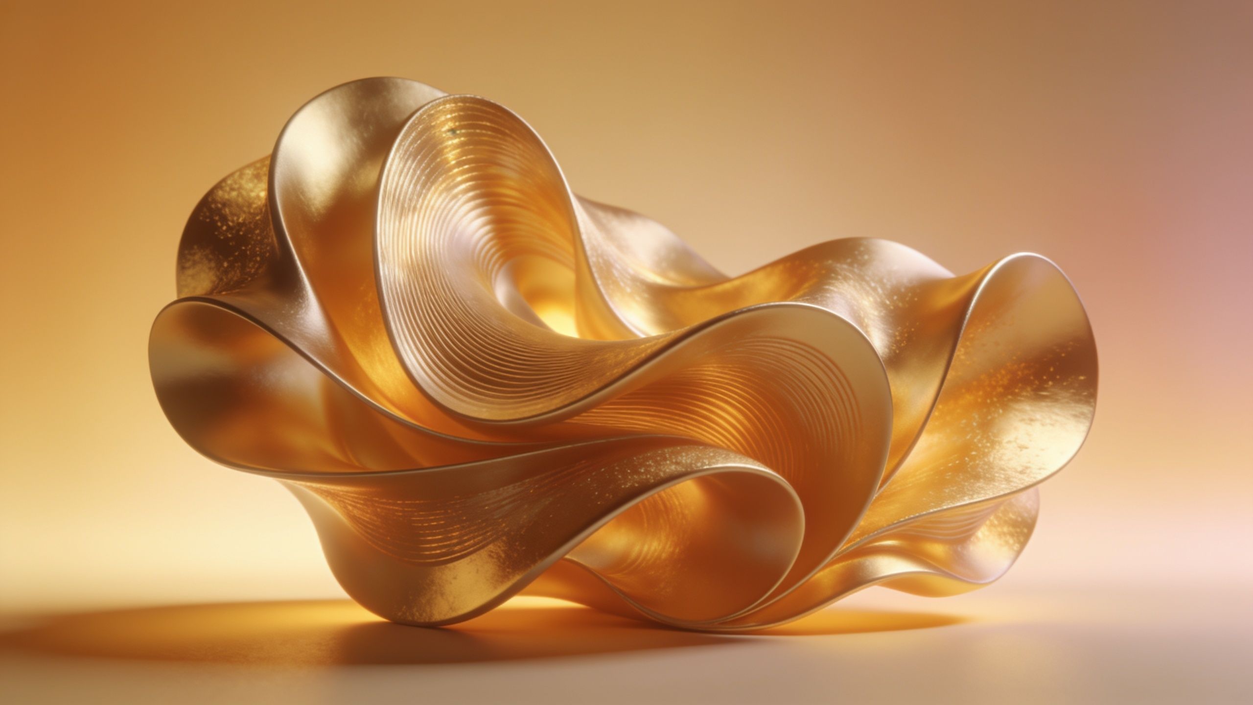 A flowing, abstract form of golden waves is softly illuminated, creating a serene and elegant atmosphere against a warm, gradient background.