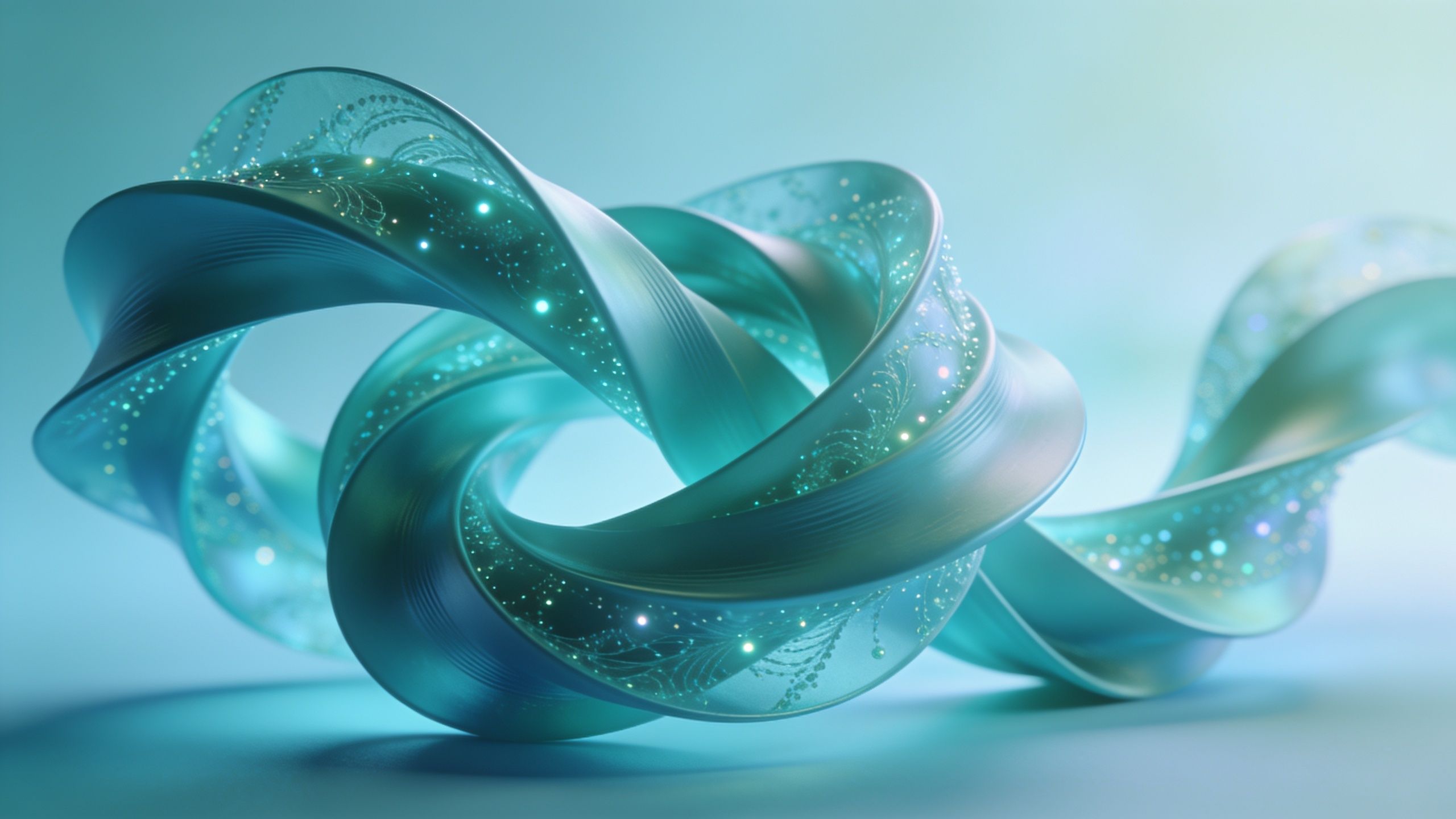 A luminous blue sculpture twists elegantly against a soft, ethereal background, with intricate patterns and glowing dots creating a serene and otherworldly atmosphere.