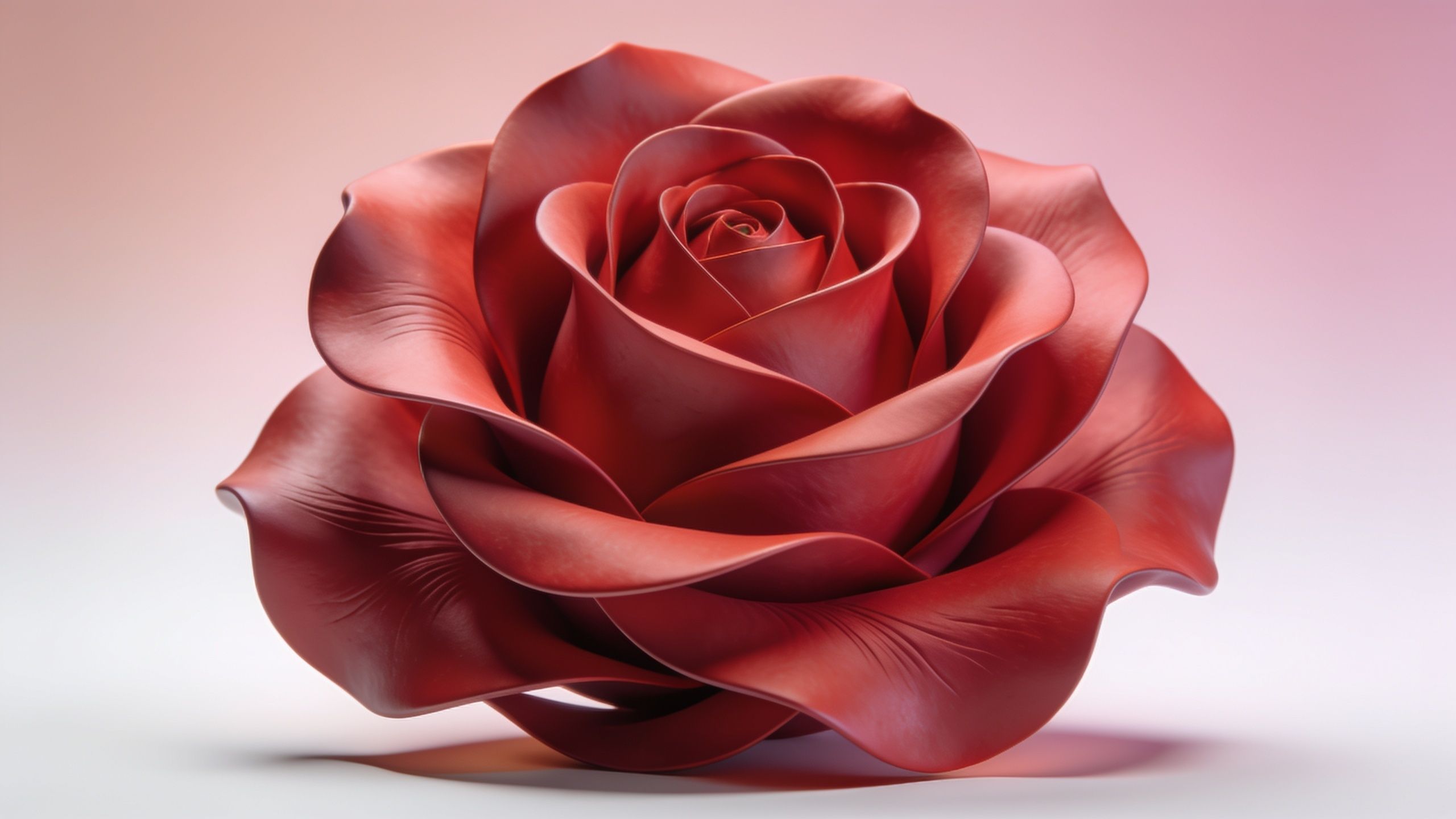 A single, elegant red rose with velvety petals is centered against a soft gradient background that transitions from pale pink to white, creating a serene and romantic mood.