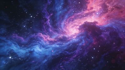 A vibrant cosmic swirl of blues, purples, and pinks fills the deep space scene, creating a dynamic and ethereal atmosphere with scattered stars adding a sense of depth and wonder.