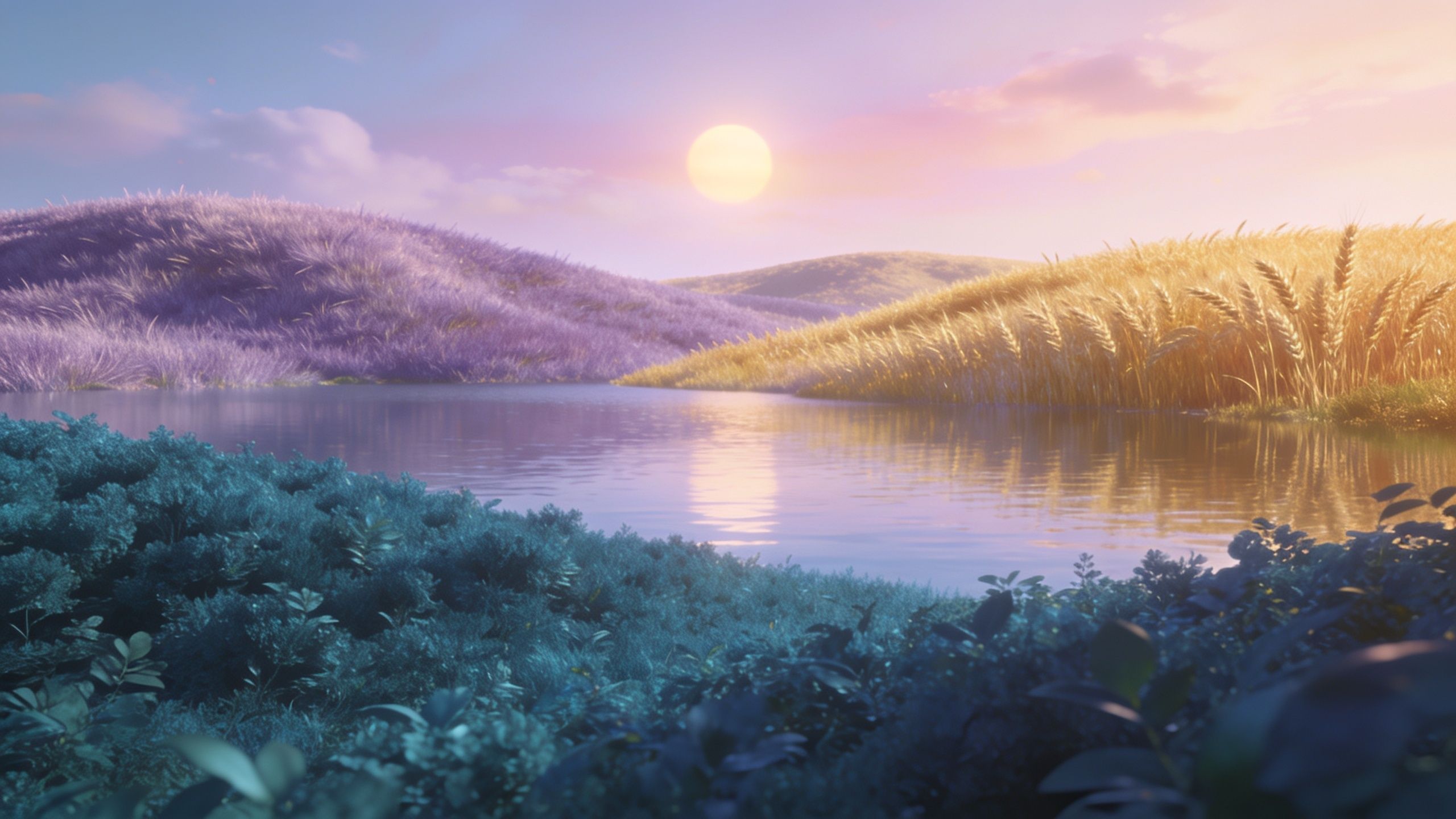 A serene sunset casts a warm glow over colorful hills, with soft purple and golden hues reflected in a tranquil lake, creating a peaceful and calming atmosphere.