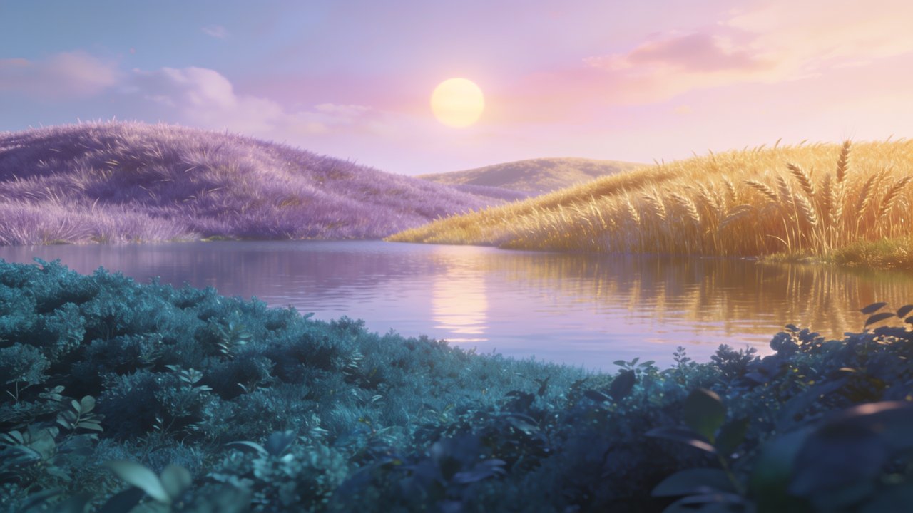 A serene sunset casts a warm glow over colorful hills, with soft purple and golden hues reflected in a tranquil lake, creating a peaceful and calming atmosphere.