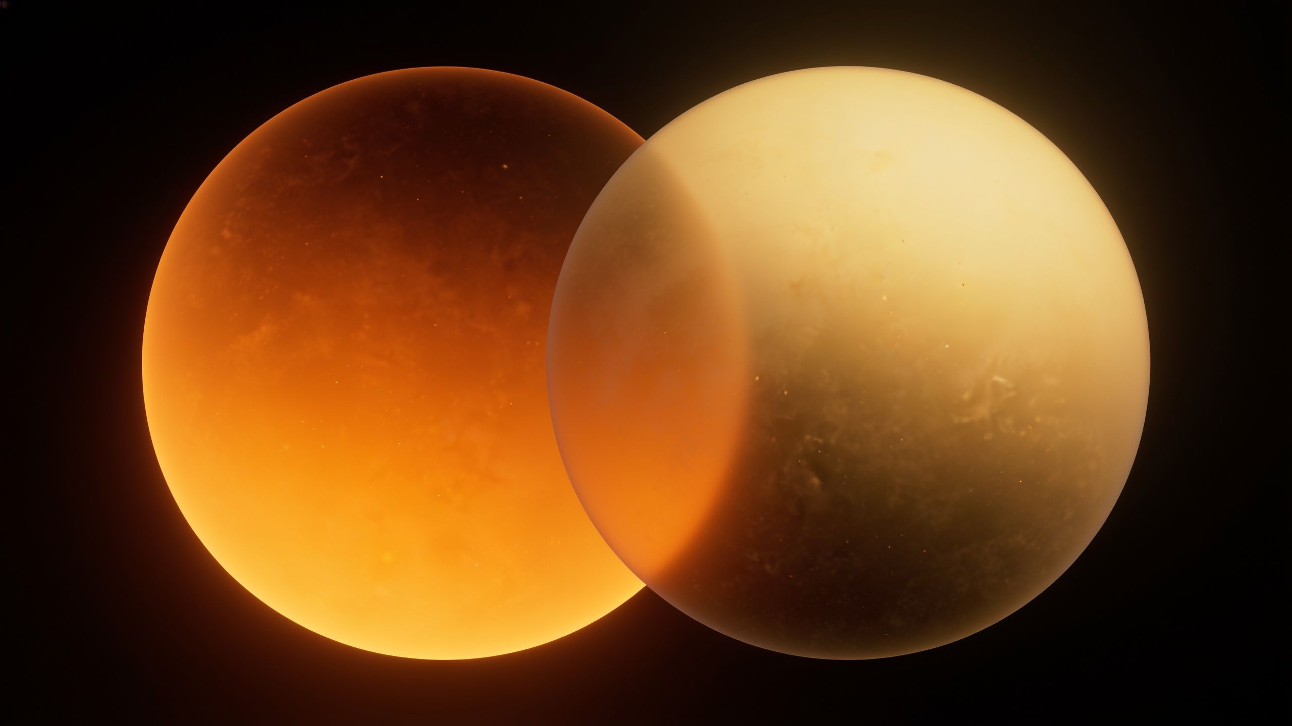 A mesmerizing scene of two planets in close orbit, one glowing orange and the other a soft yellow, set against a dark cosmic backdrop, evoking a sense of celestial balance and tranquility.