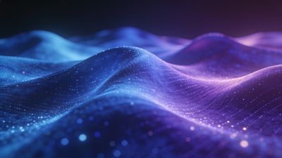 A digital landscape of undulating waves in shades of blue and purple, dotted with glowing points of light, creating a tranquil and ethereal atmosphere.
