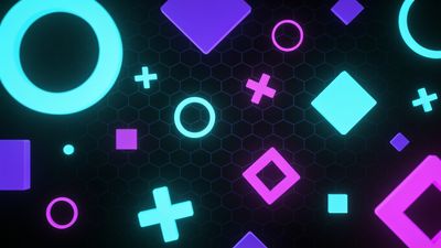 Vibrant neon geometric shapes, including circles, crosses, and diamonds, are scattered across a dark hexagonal grid background, creating a dynamic and futuristic mood. The glowing colors of cyan, magenta, and purple contrast sharply with the dark backdrop, enhancing the energetic and modern feel.