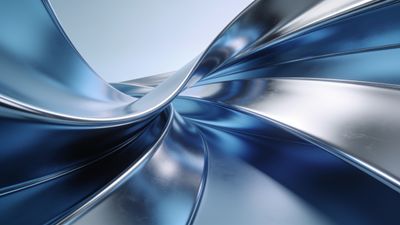 A dynamic abstract design featuring sleek, metallic waves in varying shades of blue and silver, creating a futuristic and calming atmosphere. The smooth, reflective surfaces and flowing curves suggest movement and elegance.