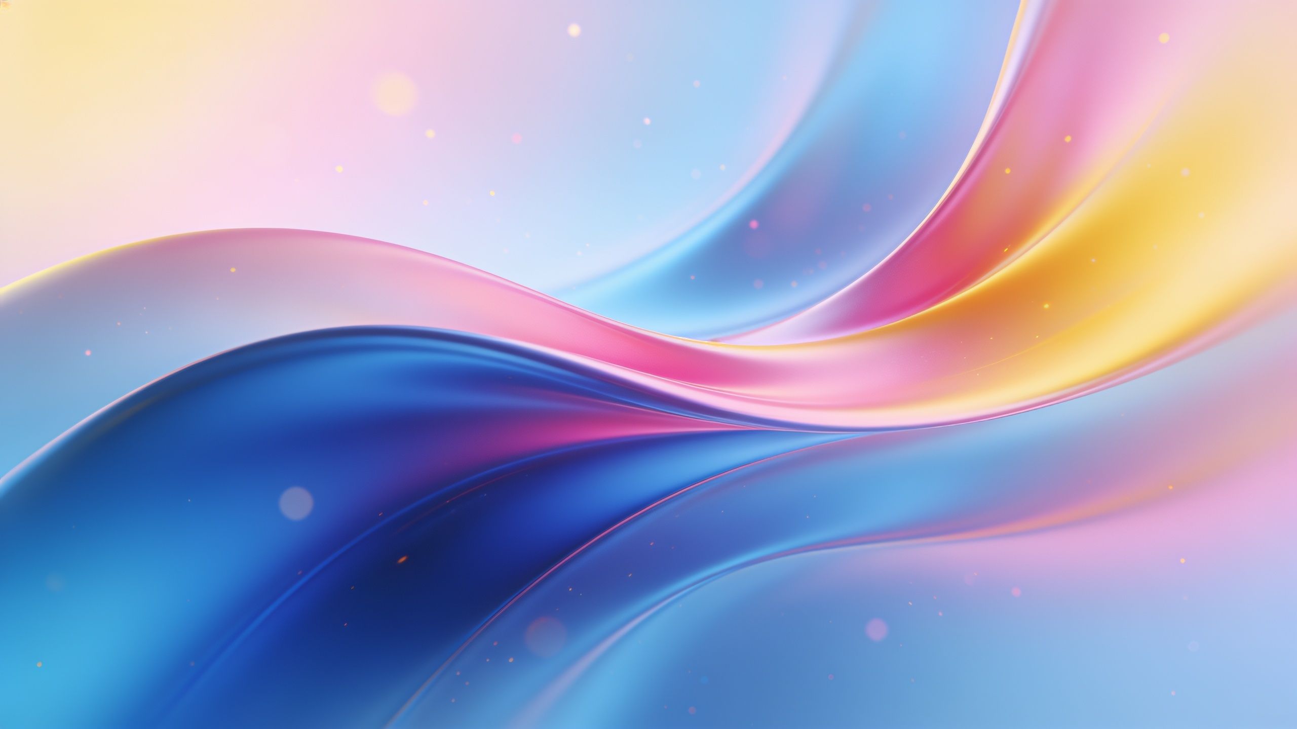 A dynamic and vibrant wallpaper featuring smooth, flowing waves in shades of blue, pink, and yellow, creating a sense of motion and energy against a soft, pastel background. The abstract design evokes a feeling of fluidity and harmony.