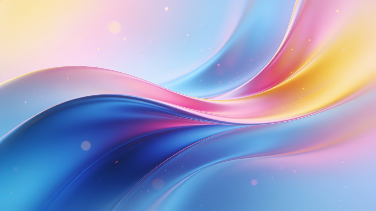 A dynamic and vibrant wallpaper featuring smooth, flowing waves in shades of blue, pink, and yellow, creating a sense of motion and energy against a soft, pastel background. The abstract design evokes a feeling of fluidity and harmony.