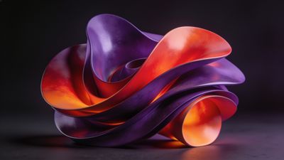 A vibrant abstract sculpture with flowing, intertwined shapes in rich purple and fiery orange hues, set against a dark background, creating a dynamic and energetic mood.
