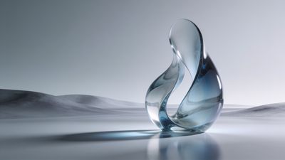 A sleek, transparent glass sculpture with fluid curves stands against a minimalist landscape of soft, undulating hills under a pale, serene sky, creating a tranquil and elegant atmosphere.