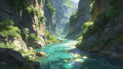 A tranquil river winds through a lush canyon, with sunlight glistening on the turquoise water and dense greenery clinging to the steep, rocky cliffs, creating a serene and peaceful atmosphere.
