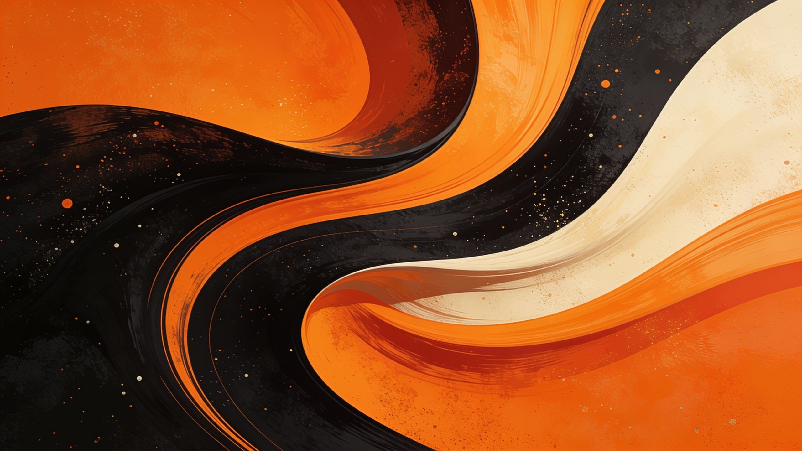 A dynamic abstract design featuring flowing waves in vibrant orange hues, accented with black and cream, creating a sense of movement and energy. The composition is speckled with small dots, adding texture and depth to the overall lively and artistic mood.