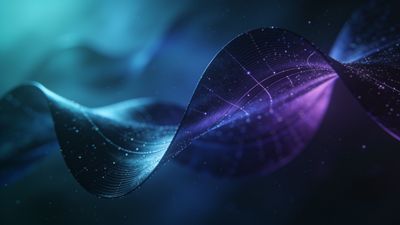 Abstract waves in shades of blue and purple flow across a dark cosmic background, dotted with small, glowing particles, creating a serene and otherworldly atmosphere.