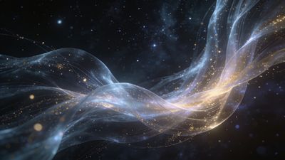 A mesmerizing scene of ethereal, flowing cosmic waves illuminated with golden and silvery hues against a backdrop of a deep, starry night sky, creating a serene and otherworldly atmosphere.