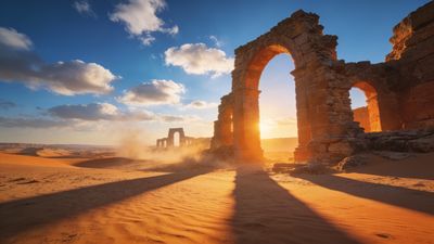 Sunlit desert ruins are bathed in the warm glow of the golden hour, casting long shadows across the sandy landscape under a sky dotted with soft clouds, creating a serene and timeless atmosphere.
