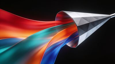 A dynamic and colorful wave of vibrant hues, including red, orange, blue, and teal, flows from a geometric, metallic cone against a dark background, creating a sense of movement and energy.