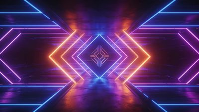 A vibrant neon geometric tunnel with glowing lines in shades of blue, purple, and orange creates an immersive, futuristic atmosphere. The symmetrical design and bright illumination evoke a sense of depth and motion, enhancing the dynamic mood.