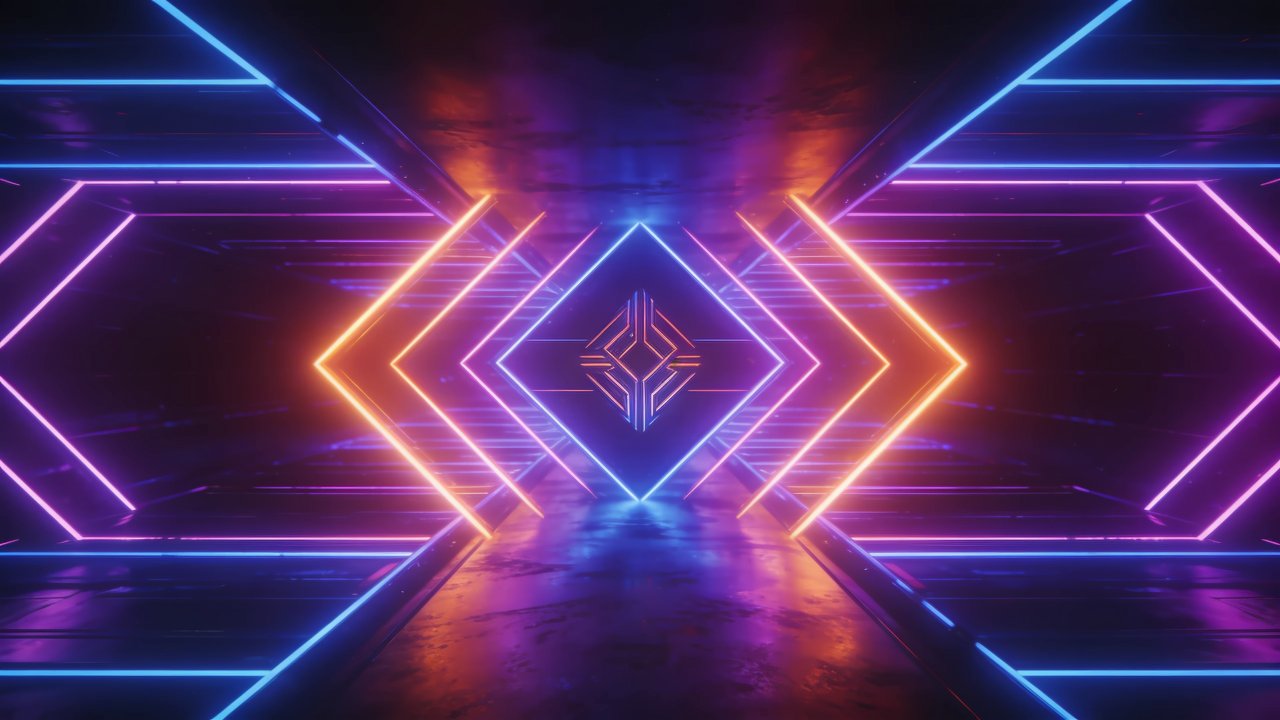 A vibrant neon geometric tunnel with glowing lines in shades of blue, purple, and orange creates an immersive, futuristic atmosphere. The symmetrical design and bright illumination evoke a sense of depth and motion, enhancing the dynamic mood.