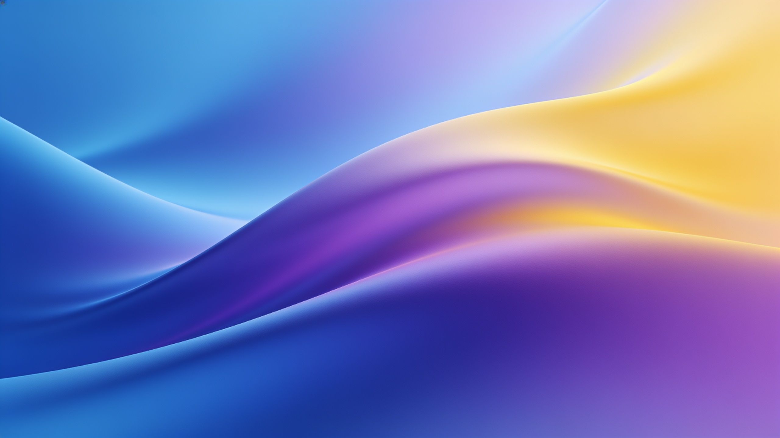 A smooth, abstract design featuring flowing waves of blue, purple, and yellow, creating a serene and vibrant atmosphere. The soft gradients and gentle curves evoke a sense of calm and tranquility.
