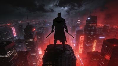 A silhouetted dark hero stands atop a skyscraper, overlooking a sprawling neon-lit cityscape under a stormy sky, creating a dramatic and mysterious mood.